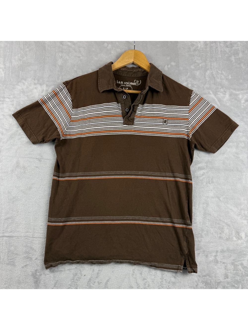 B.U.M. Equipment Mens S Brown Striped Polo Shirt Y2K Casual Comfort 2000s Skater